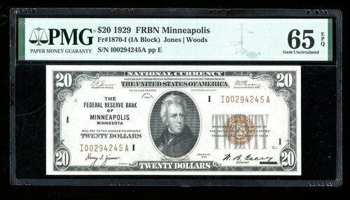 DBR 1929 $20 FRBN ミネアポリス Fr. 1870-I Gem PMG 65 EPQ シリアル I00294245A