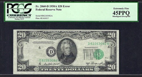 ???? 1950A $20 エラー ??オーバープリントのずれ?? PCGS EX FINE 45 PPQ