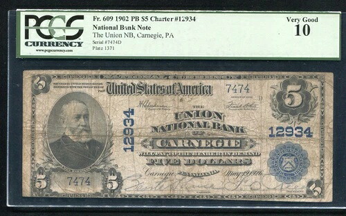 1902年 $5 カーネギー・ペンシルバニア連邦銀行 #12934 PCGS VG-10-