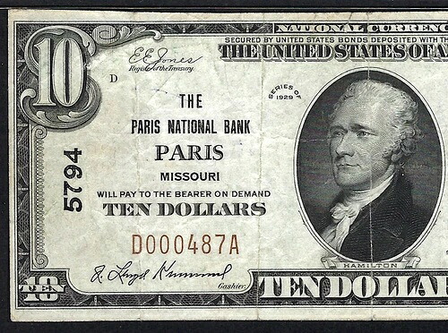 MO 1929 $10 ??パリス、ミズーリ州?? PMG VF 25 THE PARIS NB
