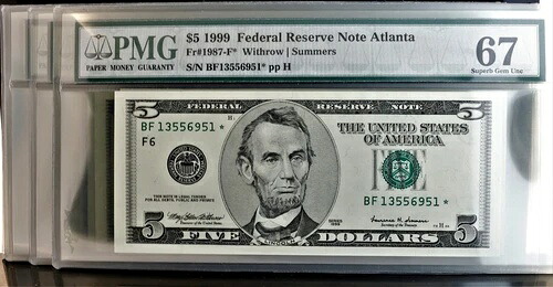 1999年 $5 FRノート Fr#1987-F * PMG 67 スーパーブジェム UNC BF13556951 * 10ノートシリーズ-