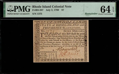 RI-287 植民地通貨 - ロードアイランド 1780年7月2日 7ドル - グレード PMG 64 EPQ｜WORLD RESOURCE【QUEEN店】