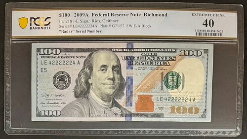 NQC レーダー 順 Fr 2187-E 2009A $100 - PCGS 40 EF-