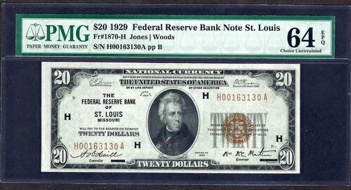 ???? 1929 $20 FRBN ??セントルイス?? PMG CH UNC 64 EPQ