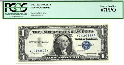 1957B 銀貨証明書 - シリアル番号 V74193827A - PCGS GEM-67 (3連続)