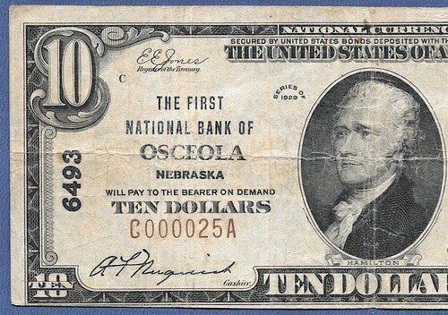 NE 1929年 $10 ??オセオラ、ネブラスカ?? 見つけるのは難しい-