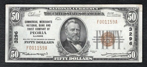 1929 年 $50 商業国立銀行 & トラスト Co. ピオリア、イリノイ州、CH。 #3296 AU-