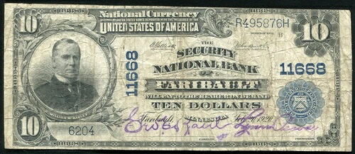 1902 $10 ミネソタ州ファリボールトのセキュリティナショナルバンク チャーター番号 #11668