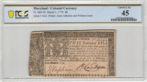FR.MD-59 1770年3月1日 メリーランド $8 植民地通貨 PCGS XF 45-