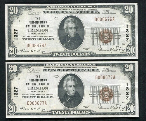（2）連続1929 $20 THE FIRST-MECHANICS NB OF TRENTON, NJ CH. #1327 XF/AU