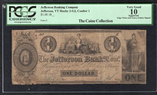1800年代 $1 ジェファーソン銀行会社バーモントオブソリート紙幣 PCGS 非常に良い -10-