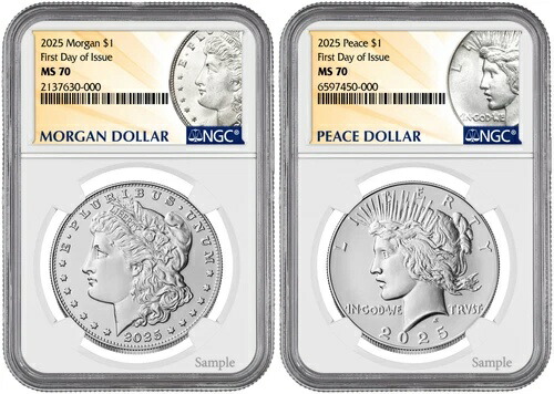 2025-P (MS70) モーガン＆ピース銀貨（2枚）発行初日 FDOI NGC