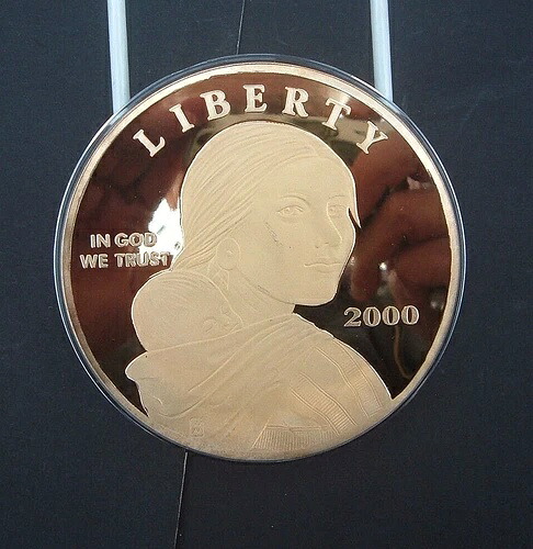 アメリカ合衆国。ワシントン造幣局発行、2000年サカガウィア24金銀貨（0.999ドル）4オンス・ラウンド。鑑定書付き