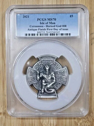 2021年 マン島 3オンス アンティークシルバー ケルヌンノス角神コイン PCGS MS70 FDOI｜WORLD RESOURCE【QUEEN店】