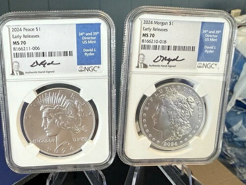 2024年 1ドル モルガン＆ピース 2枚セット NGC MS70 アーリーリリース デビッド・ライダーサイン入り