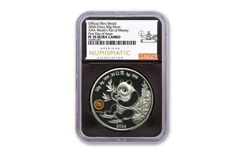 2024年 中国 50グラム 銀貨 ANAショー パンダ プルーフ NGC PF70UC 発行初日 ANA付き