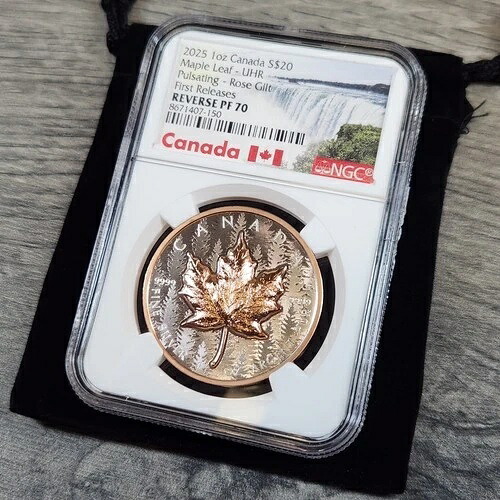 2025年 カナダ メープルリーフ 脈動ローズ 金箔 1オンス シルバー NGC リバース PF 70 FR