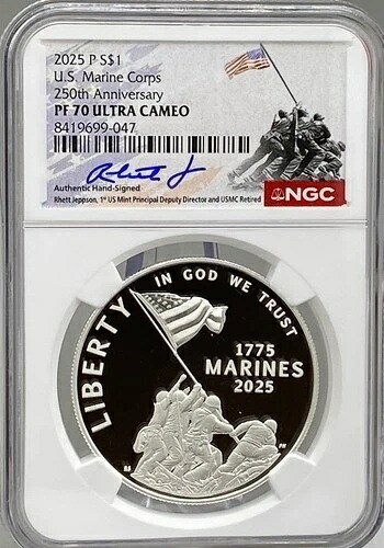 アメリカ海兵隊250周年記念 2025年 銀貨 - NGC PF70、硫黄島ラベル