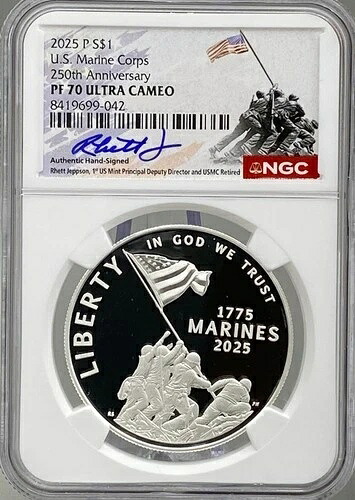 アメリカ海兵隊250周年記念 2025年 銀貨 - NGC PF70、硫黄島ラベル