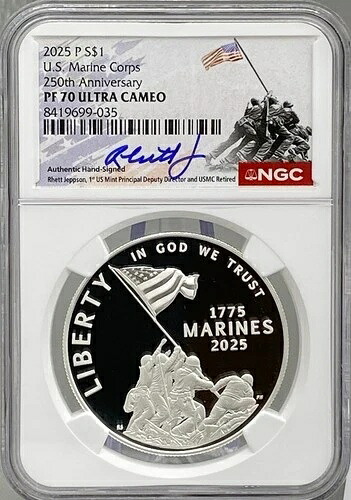 アメリカ海兵隊250周年記念 2025年 銀貨 - NGC PF70、硫黄島ラベル