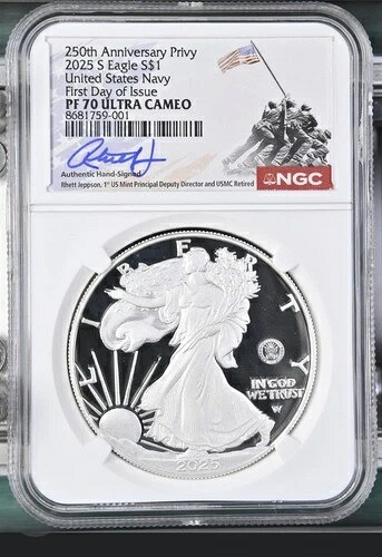2025-S プルーフ $1 250th NAVY US Privy Silver Eagle NGC PF70 レット・ジェプソン署名｜WORLD RESOURCE【QUEEN店】