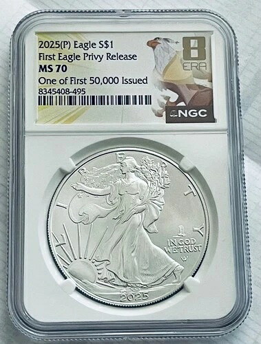 2025 (P) シルバーイーグル NGC MS70 ファーストイーグル プライベートリリース 発行枚数50,000枚のうちの1枚目｜WORLD RESOURCE【QUEEN店】