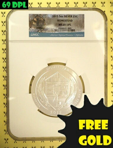 2015 ホームステッド 5オンス シルバー クォーター NGC MS 69 ディーププルーフ ゴールドバック付き（1/2インチ無料）*｜WORLD RESOURCE【QUEEN店】
