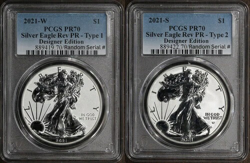 2021-W & S (PR70) リバースプルーフ シルバーイーグル デザイナー コイン 2枚セット PCGS タイプ1 & 2