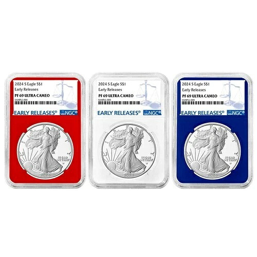 3点セット - 2024-S $1 1オンス プルーフ アメリカン シルバー イーグル NGC PF69UC ER ブルーラベル｜WORLD RESOURCE【QUEEN店】 88,330円