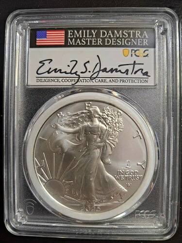 2025-(P) シルバーイーグル プライベート PCGS MS70 初日発行 エミリー・ダムストラ サイン入り MDS｜WORLD RESOURCE【QUEEN店】