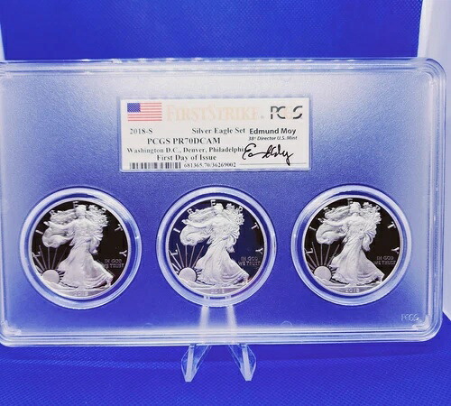 2018 S プルーフ シルバー イーグル PCGS PR70 FDOI MOY サイン、コイン位置3箇所セット??POP-240｜WORLD RESOURCE【QUEEN店】