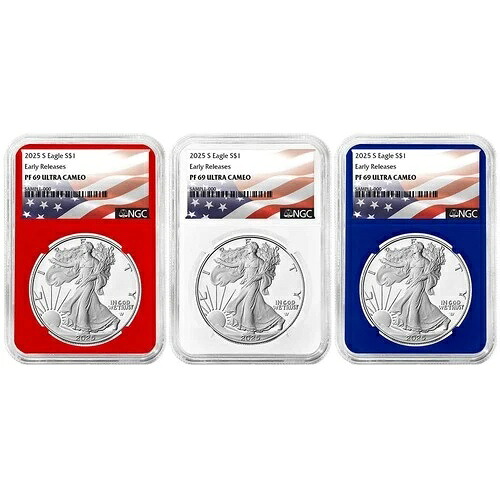 2025-S プルーフ $1 アメリカン シルバー イーグル 3枚セット NGC PF69UC ER 旗ラベル レッド