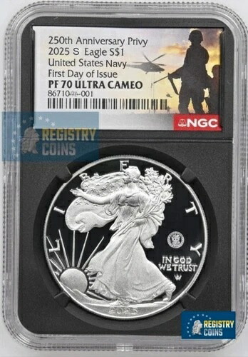 2025-S プルーフ $1 250th NAVY US Privy Silver Eagle NGC PF70 UC 初日 FDI %