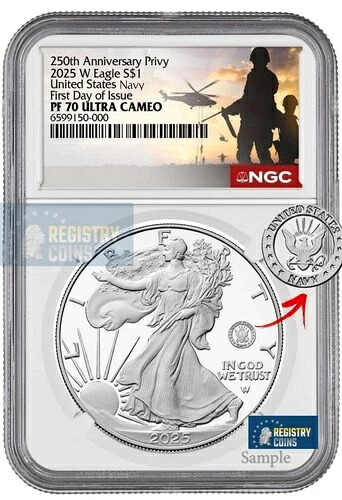 2025-S プルーフ $1 250th NAVY US Privy Silver Eagle NGC PF70 UC 初日 ×