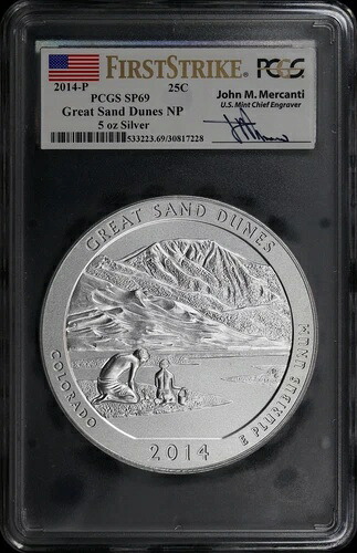 2014-P グレートサンドデューンズ NP シルバー ATB 25C 5オンス PCGS SP-69 ファーストストライク マーカンティ