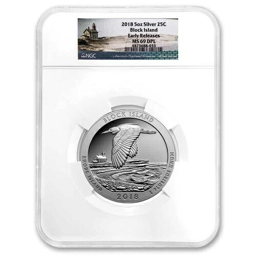 2018 5オンス シルバー ATB ブロック アイランド MS-69 DPL NGC (ER/FR)-