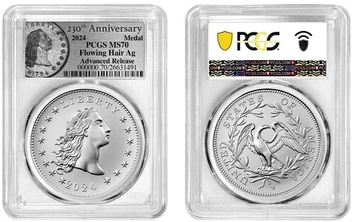 2024年 シルバー フローイングヘア 銀貨 230周年記念メダル PCGS MS70 アドバンスリリース #832｜WORLD RESOURCE【QUEEN店】