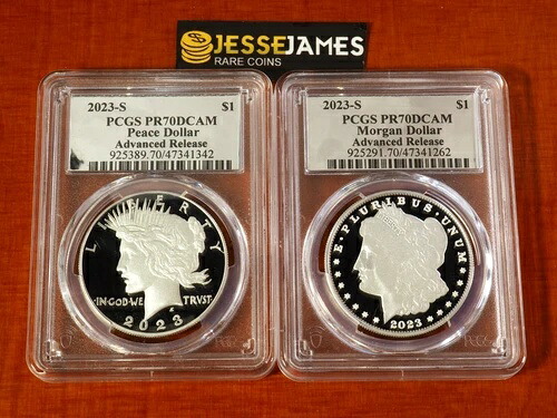 2023年 Sプルーフ シルバー ピース＆モルガン ドル PCGS PR70 DCAM アドバンスリリースラベル｜WORLD RESOURCE【QUEEN店】