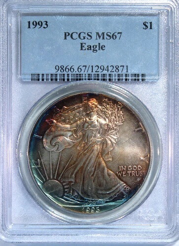 ??1993年 アメリカン シルバー イーグル ドル - PCGS MS67 ??バリエーション ??レインボー トーニング ??