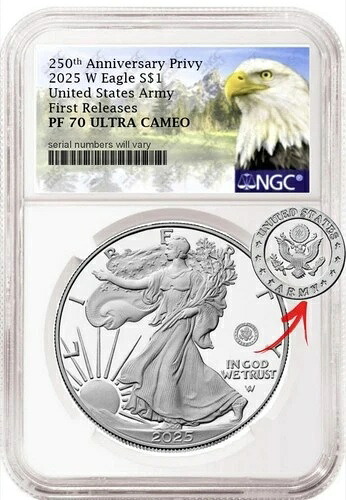 2025-W プルーフ $1 250 周年記念 米陸軍 プライベート シルバー イーグル NGC PF70 *先行販売!