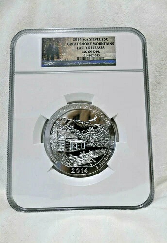 2014年 5オンス 米国造幣局発行 999 シルバー ATB グレートスモーキーマウンテンズ 25セントコイン NGC MS69 DPL ER｜WORLD RESOURCE【QUEEN店】