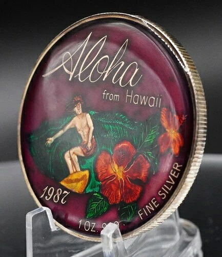 1987年 ALOHA HAWAII ワイキキビーチ サーフィン エナメル ハイビスカス 1オンス シルバー ラウンド C6210｜WORLD RESOURCE【QUEEN店】