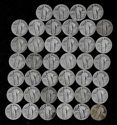 スタンディング・リバティ・クォーターロール(日付・損傷なし)90%銀貨(40枚)ロットC24|WORLD RESOURCE【QUEEN店】
