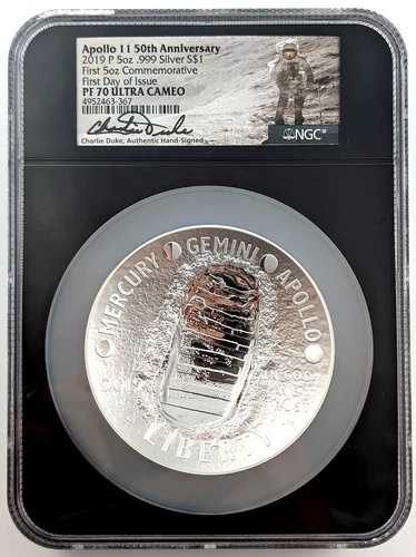 2019 P アポロ11号 プルーフ 5オンス シルバー $1 NASA チャーリー・デューク サイン入り NGC PF70 FDOI