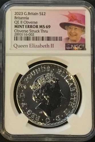 2023 英国 2 ポンド銀貨ブリタニア、QE II 肖像付き、MINT 2nd ERROR コイン、MS 69 thro。