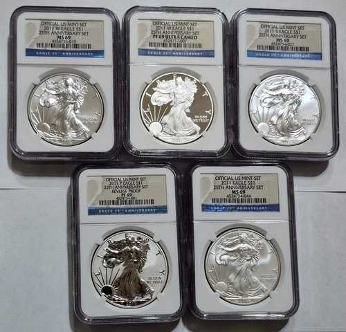 2011年 5枚セット 25周年記念コイン リバースプルーフ付き シルバーイーグル NGC PR69 MS69