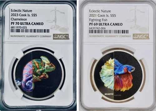 クック諸島の折衷的な自然コイン 2 枚、カメレオンと魚 .999 NGC UC ミント 1500!
