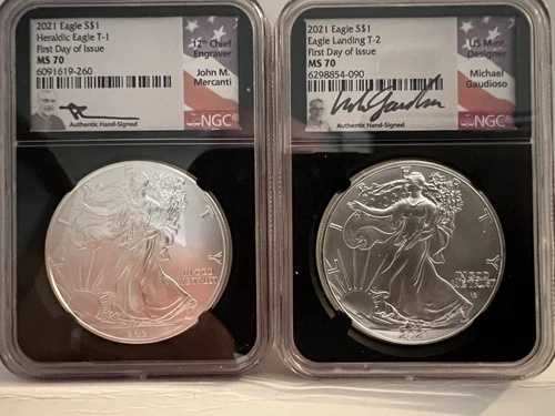 2021年（1オンス）アメリカン・シルバー・イーグル。2枚セット。T-1とT-2。NGC MS70 FDI。署名入り