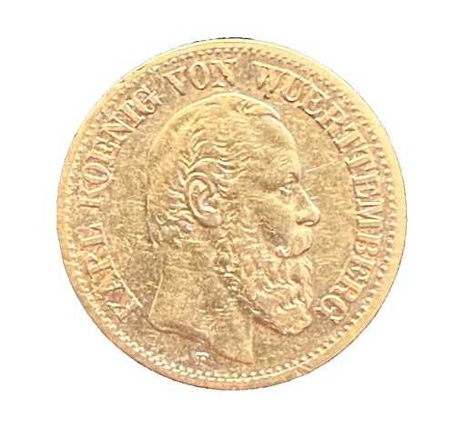 ドイツ ヴュルテンベルク 1880 F 金貨 10マルク 流通 カール