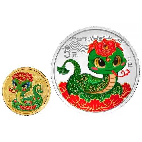 2025 中国 ルナ スネーク ラウンドシェイプ .999 カラー ゴールド & シルバー プルーフ 2 コイン...